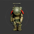 Robot Character With Biological Design Number 9 Red Headphones And Yellow Green Camouflage