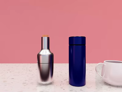White Mug and Blue Thermos Cup on Marble Countertop with Pink Background 3d model