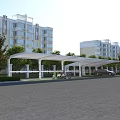 Modern Carport Canopy Covering Cars in Outdoor Parking Lot near Residential Buildings and Trees