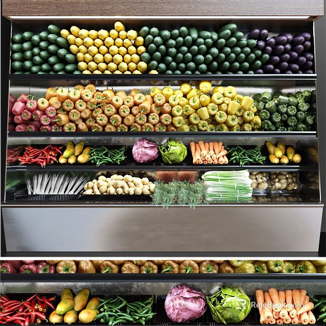 Metal Market Display Shelf With Layered Colorful Fresh Fruits And Vegetables 3d model 