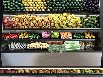 Metal Market Display Shelf With Layered Colorful Fresh Fruits And Vegetables 3d model