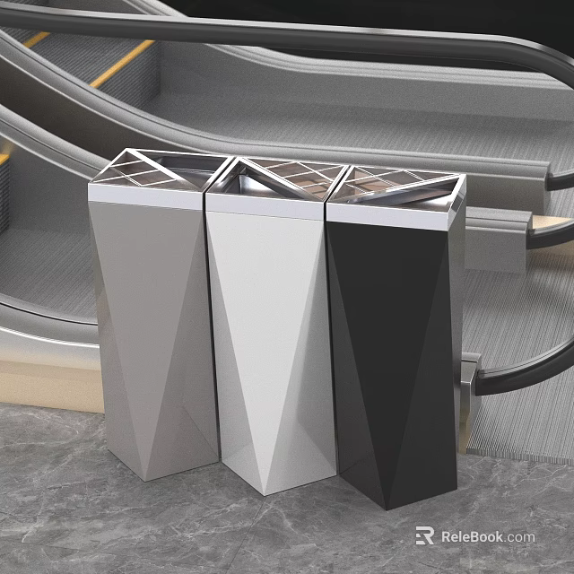 Three Geometric Garden Decor Pieces In Gray White Black Modern Design Near Escalator 3d model 