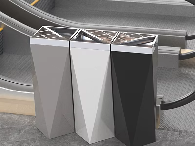 Three Geometric Garden Decor Pieces In Gray White Black Modern Design Near Escalator 3d model