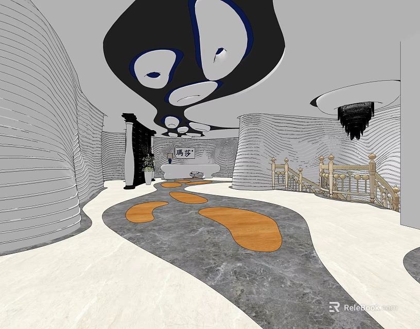 Front Desk Reception Area Modern Interior with Curved Walls Ceiling Decor and Orange Floor Patterns 3d model 