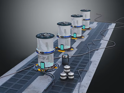 Industrial Cylindrical Devices Array on Platform With Cables Green Indicators and Stacked Containers 3d model