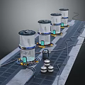 Industrial Cylindrical Devices Array on Platform With Cables Green Indicators and Stacked Containers