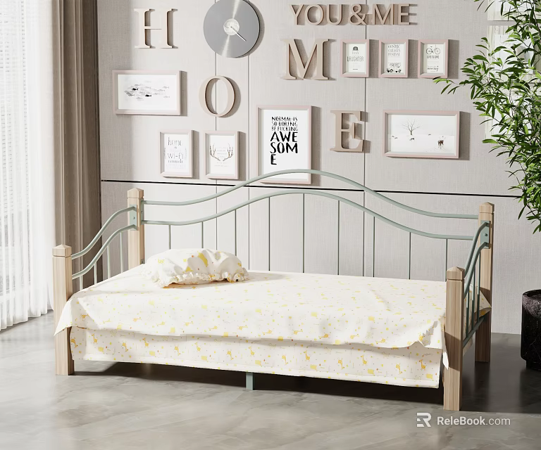 Cozy Kids Bed with Metal Frame Wooden Accents Decorative Frames and Green Plant 3d model 