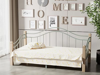 Cozy Kids Bed with Metal Frame Wooden Accents Decorative Frames and Green Plant 3d model