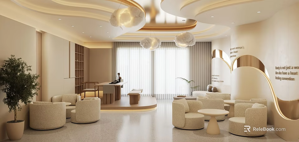 Modern Hotel Public Lounge Area With Cozy Sofas Round Tables Soft Lighting And Large Windows 3d model 