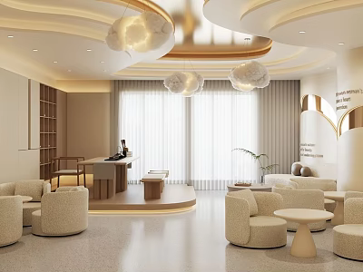 Modern Hotel Public Lounge Area With Cozy Sofas Round Tables Soft Lighting And Large Windows 3d model