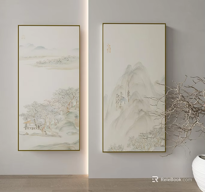 Traditional Chinese Ink Wash Hanging Landscape Painting With Mountains Water Trees And Cottage 3d model 