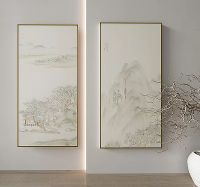 Traditional Chinese Ink Wash Hanging Landscape Painting With Mountains Water Trees And Cottage 3d model