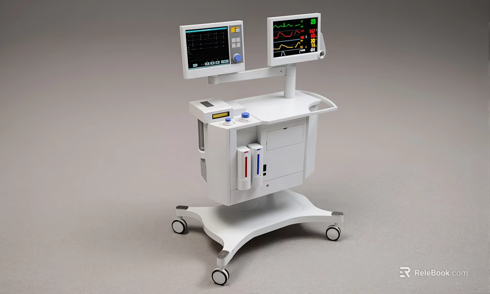 Dual Screen Medical Monitoring Equipment on Wheeled Cart with Control Panel and Drawers 3d model 