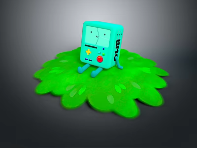 Cheerful Blue BMO Character Sitting On Green Leaf Shaped Mat With Colorful Buttons 3d model