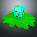 Cheerful Blue BMO Character Sitting On Green Leaf Shaped Mat With Colorful Buttons