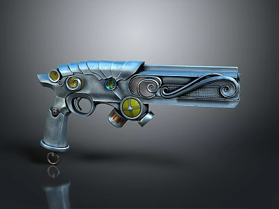 Steampunk Decorative Pistol With Metallic Finish Ornate Scroll Patterns And Colored Gem Accents 3d model