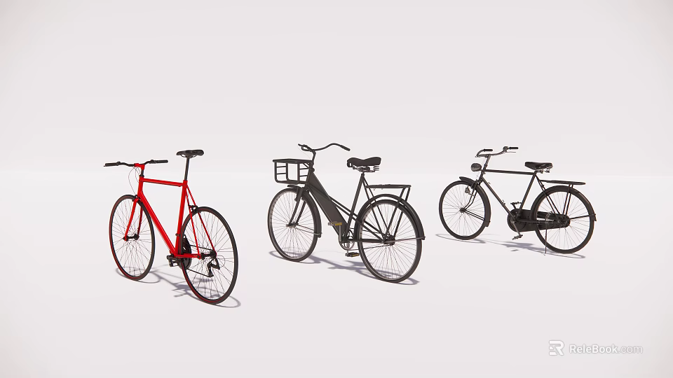 Three Classic Red and Black Bicycles with Basket Displayed on White Background 3d model 