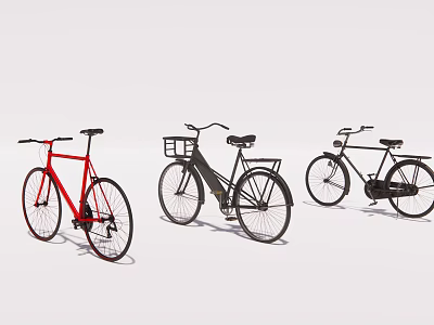 Three Classic Red and Black Bicycles with Basket Displayed on White Background 3d model