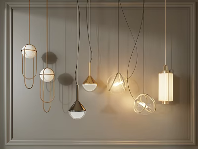 Modern Pendant Lights With Various Shapes And Illuminated Design On Grey Wall 3d model