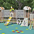 Vibrant Kindergarten Playground With Slide Rainbow Cloud Decorations Colorful Floor And Children Playing