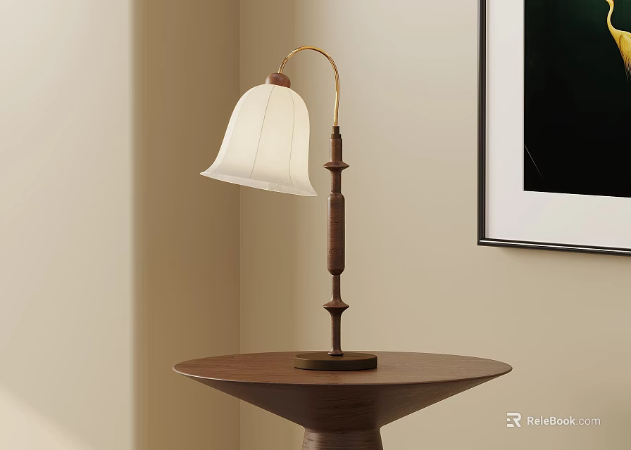 Classic Table Lamp With White Lampshade And Curved Wooden Base On Brown Round Table 3d model 