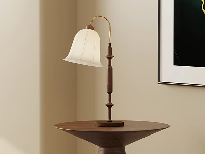 Classic Table Lamp With White Lampshade And Curved Wooden Base On Brown Round Table 3d model