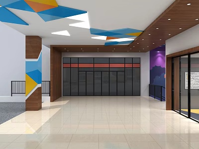 School Entrance Hall With Colorful Geometric Ceiling Design Glass Doors And Polished Floor Tiles 3d model
