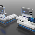Modern Exhibition Display Shelves With White Structure Blue Lighting And Electronic Screens