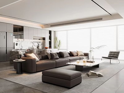 Modern Living and Dining Area Interior with Gray Cabinets Large Windows Brown Sofa Coffee Table 3d model