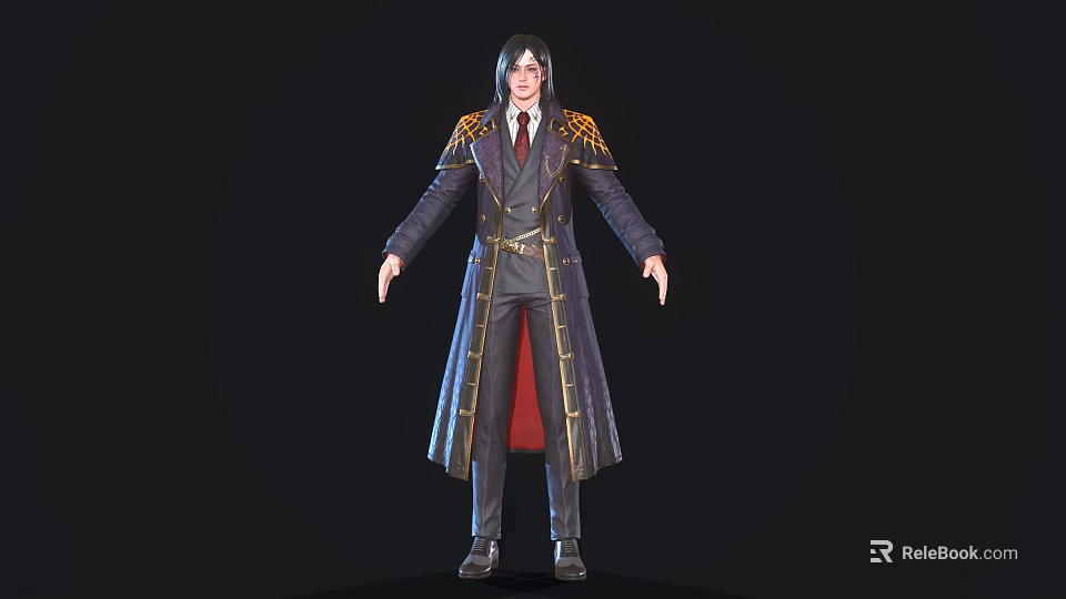 The Man In Dark Long Coat With Gold Accents And Formal Suit Outfit 3d model 