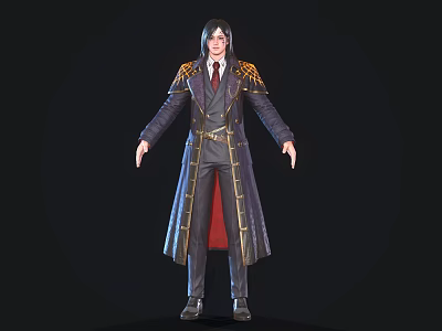 The Man In Dark Long Coat With Gold Accents And Formal Suit Outfit 3d model