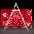 Red Background Wall With Chinese Fan Lantern Decorations Geometric Lines And Super Union Concert Text