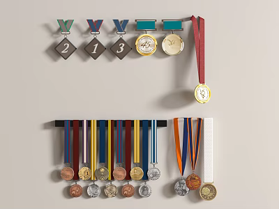 Collection of Gold Silver Bronze Trophies and Medals with Colorful Ribbons and Numbered Designs 3d model