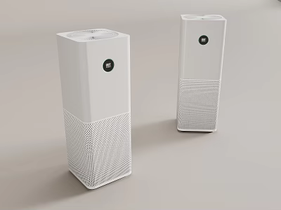 Two White Column Air Purifiers With Mesh Panels And Circular Logo Design 3d model