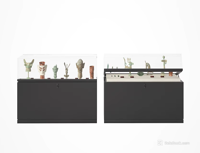 Two Glass Display Cabinets With Various Ancient Artifacts And Sculptures 3d model