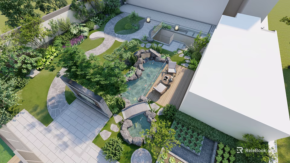 Tranquil Courtyard Garden Design With Water Pond Stone Pathways And Lush Plants 3d model 