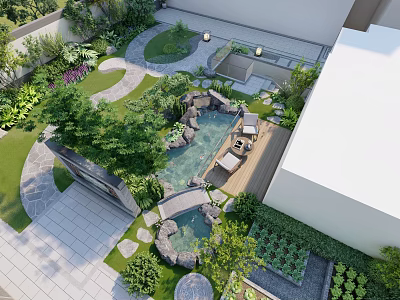 Tranquil Courtyard Garden Design With Water Pond Stone Pathways And Lush Plants 3d model