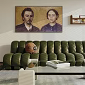 Modern Living Room Interior With Green Velvet Sofa Wall Art Area Rug And Side Table