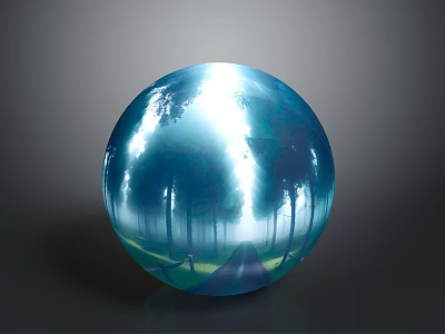 Cartoon Scene of Transparent Sphere with Forest Path Trees and Light Reflections 3d model