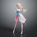 Game and Movie Character With Long Blonde Hair Blue Pink Outfit Flowing Skirt Standing Pose