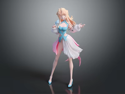 Game and Movie Character With Long Blonde Hair Blue Pink Outfit Flowing Skirt Standing Pose 3d model