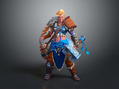 Blonde Female Warrior In Blue Brown Armor With Feather Decor And Bird Inspired Weapons 3d model