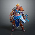 Blonde Female Warrior In Blue Brown Armor With Feather Decor And Bird Inspired Weapons