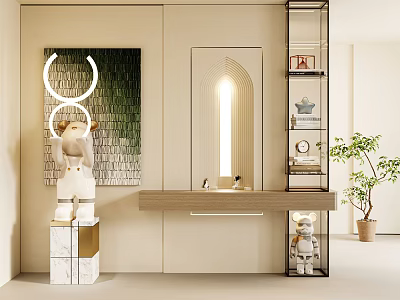 Elegant Modern Background Wall Design With Green Brick Artwork Arched Mirror Metal Shelf And Potted Plant 3d model