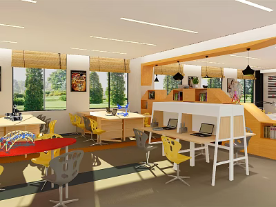 School Modern Learning Classroom With Yellow Gray Chairs White Tables And Bookshelves 3d model