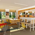 School Modern Learning Classroom With Yellow Gray Chairs White Tables And Bookshelves