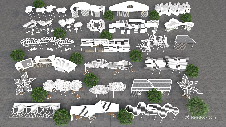 Various Modern Pergola Designs For Outdoor Landscape With Green Plants And Decorative Structures 3d model 