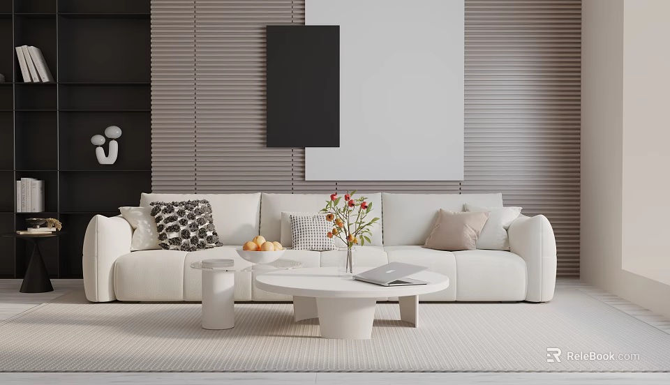 Modern White Three-Seater Sofa In Living Room With Throw Pillows Coffee Table And Wall Art 3d model 
