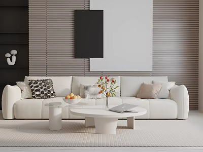 Modern White Three-Seater Sofa In Living Room With Throw Pillows Coffee Table And Wall Art 3d model