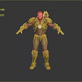 Man With Red Hair Wearing Futuristic Yellow Armor And Back Weapon
